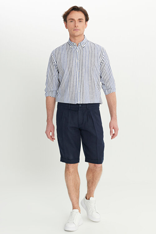 %100 Keten Slim Fit Dar Kesim Beli Lastikli Yan Cepli Lacivert ŞortYDE002252043LAC