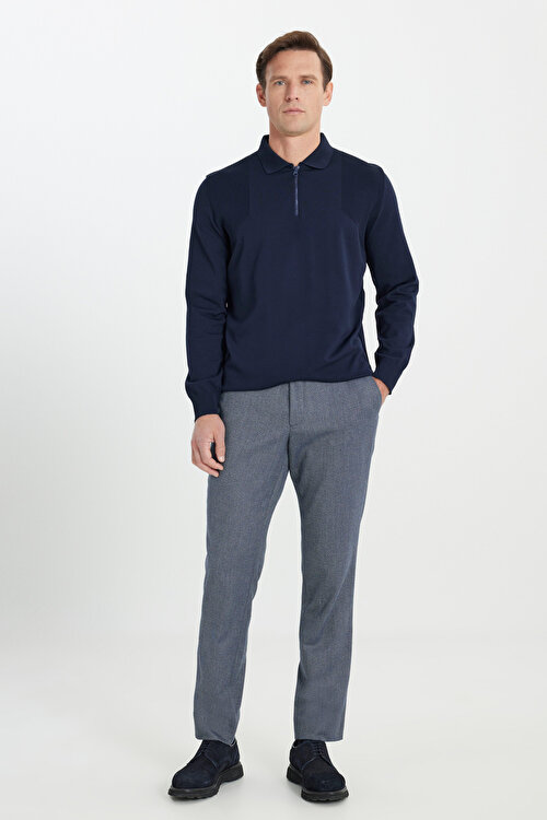 Comfort Fit Rahat Kesim Beli Gizli Lastikli Yan Cep Desenli Klasik Esnek Lacivert PantolonYDE012510046LAC