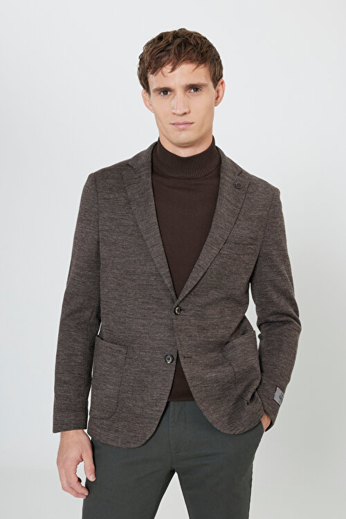 Slim Fit Dar Kesim Mono Yaka Yünlü Armürlü Torba Cepli Blazer Kahverengi CeketYDE042510044KHV