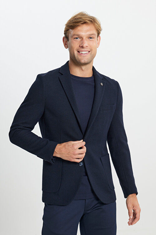 Yünlü Slim Fit Dar Kesim Mono Yaka Desenli Torba Cepli Lacivert CeketYDE042510137LAC