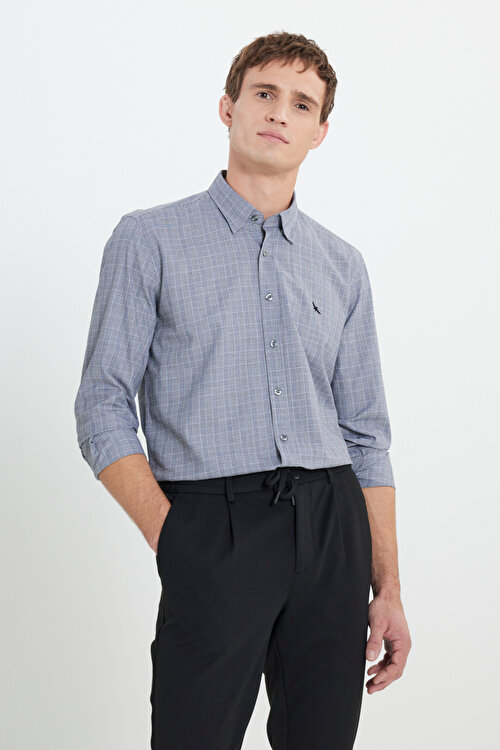 %100 Pamuk Oxford Slim Fit Dar Kesim Gizli Düğmeli Yaka Kareli Gri-Beyaz GömlekYDE202510213GBY