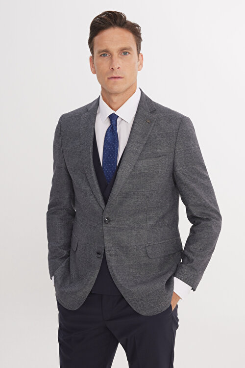 Slim Fit Dar Kesim Mono Yaka Kareli Kapak Cepli Yelekli Koyu Lacivert-Beyaz Yelekli Takım ElbiseYDE312510009KLZ