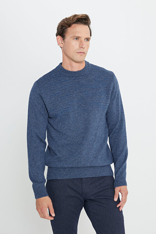 Standart Fit Normal Kesim Yarım Balıkçı Yaka Havacı Mavi-Petrol KazakYDE492310204HMP