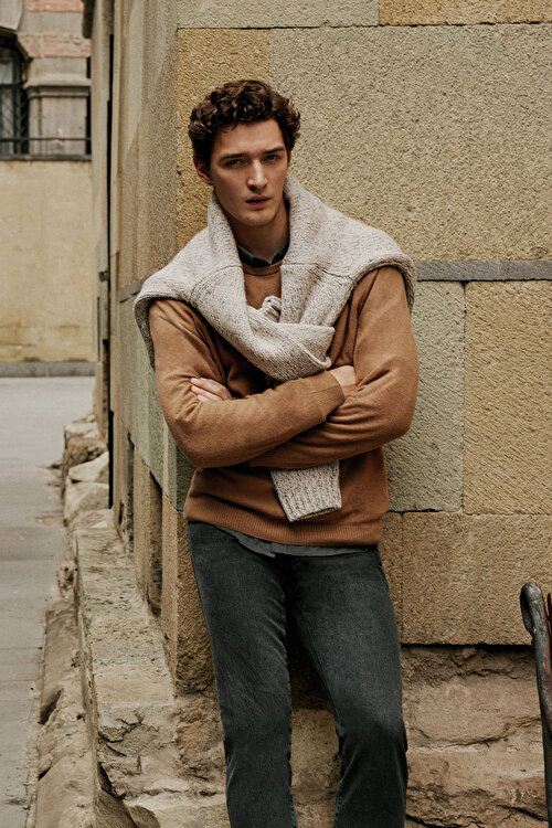 Pamuklu Standart Fit Normal Kesim Selanik Örgü Bisiklet Yaka Triko Vizon KazakYDE492510051VIZ