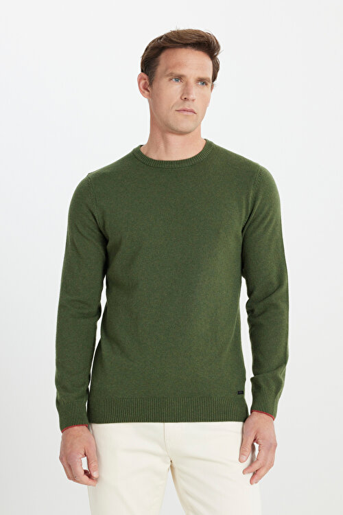 Sıcak Tutan Yün Standart Fit Normal Kesim Bisiklet Yaka Triko Haki KazakYDE492510231HAK