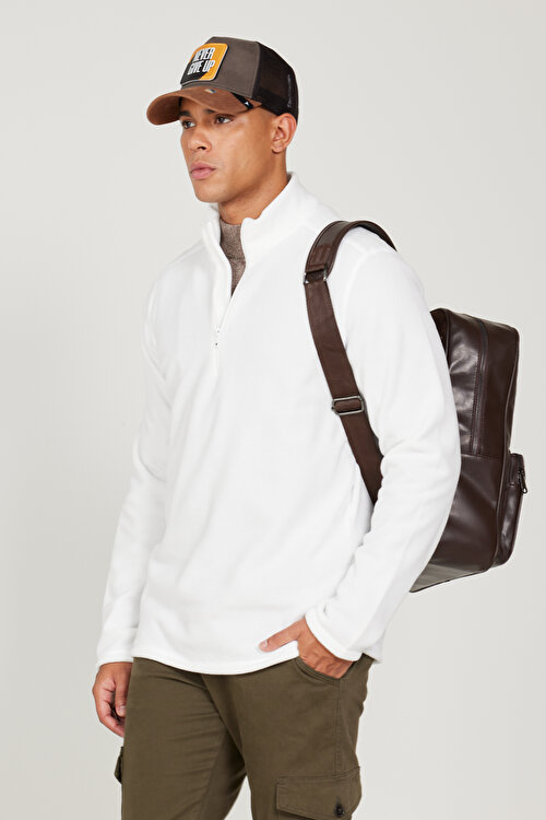 Anti-Pilling Tüylenme Yapmayan Standart Fit Bato Yaka Soğuk Geçirmez Sweatshirt Beyaz PolarYDE522110016BYZ